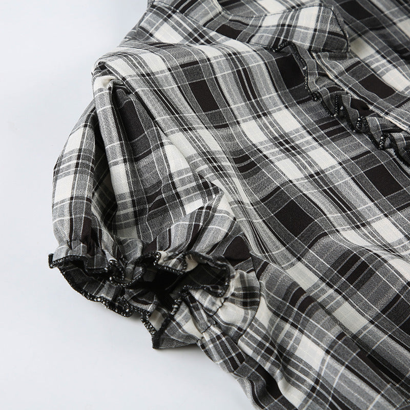 Vintage Plaid Puff - Sleeve Blouse with Ruffles