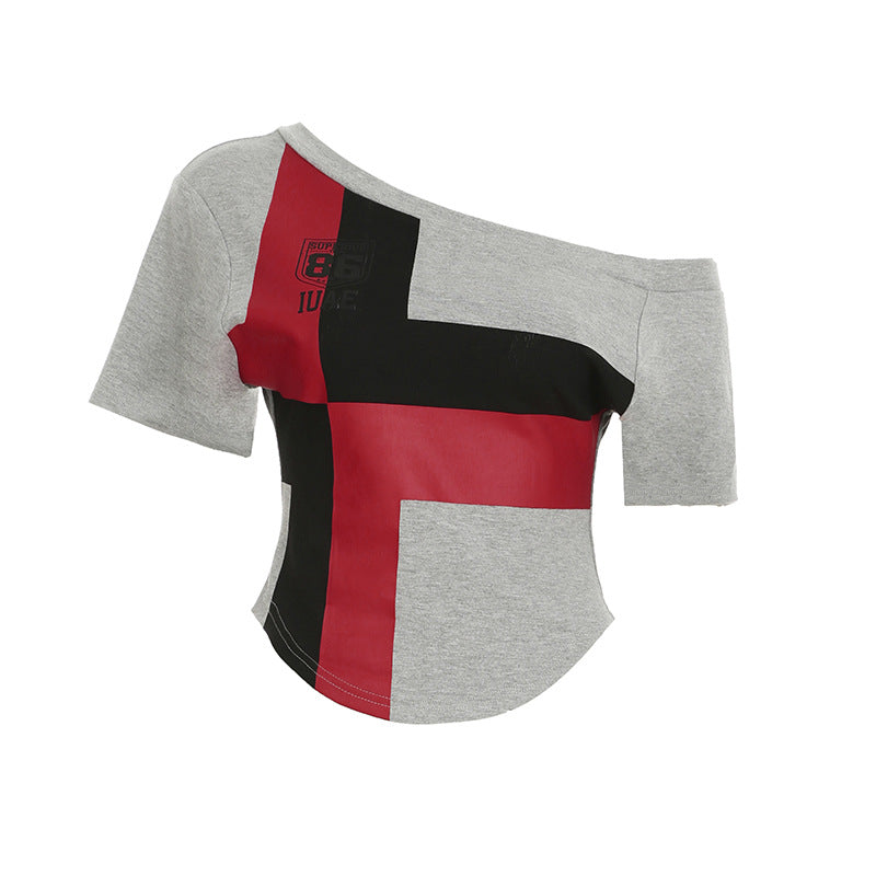 Street - Style Color - Block Paneled Off - Shoulder Crop Top