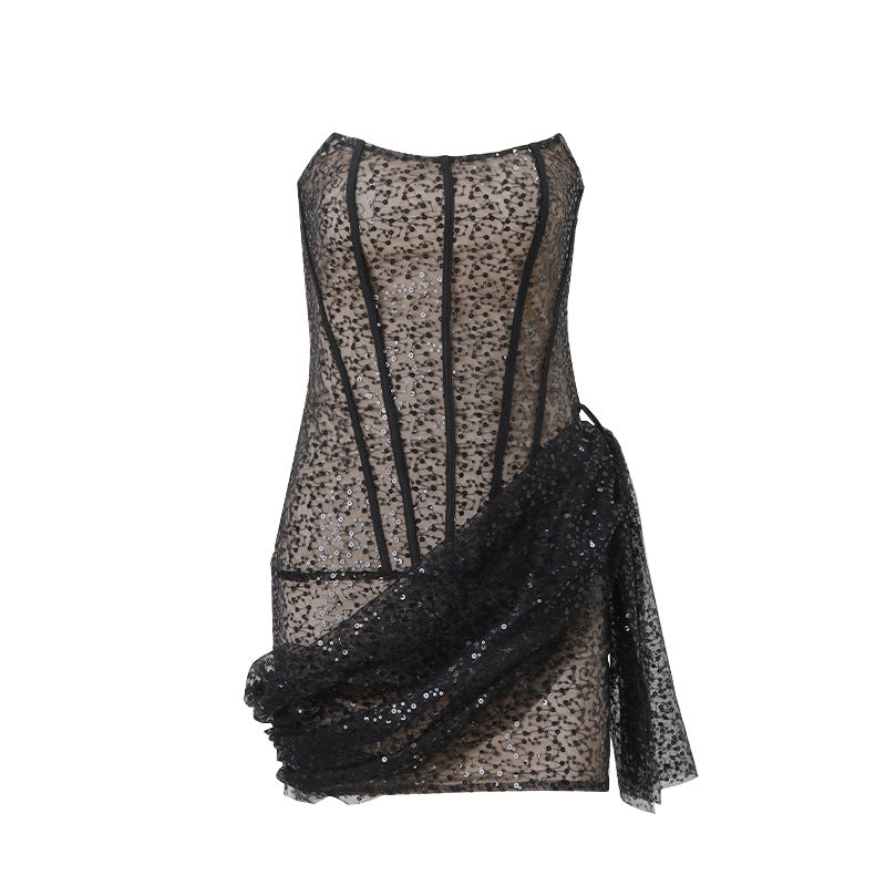Sequin Bandeau Asymmetric Evening Dress