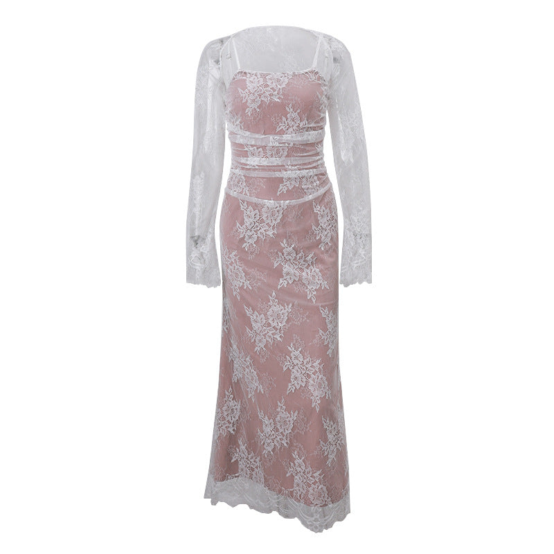 Lace Sheer - Sleeve Waist - Cinched Maxi Dress