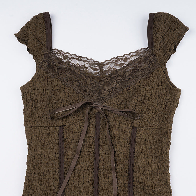 French - style Lace Tie - Waist Ruched Top