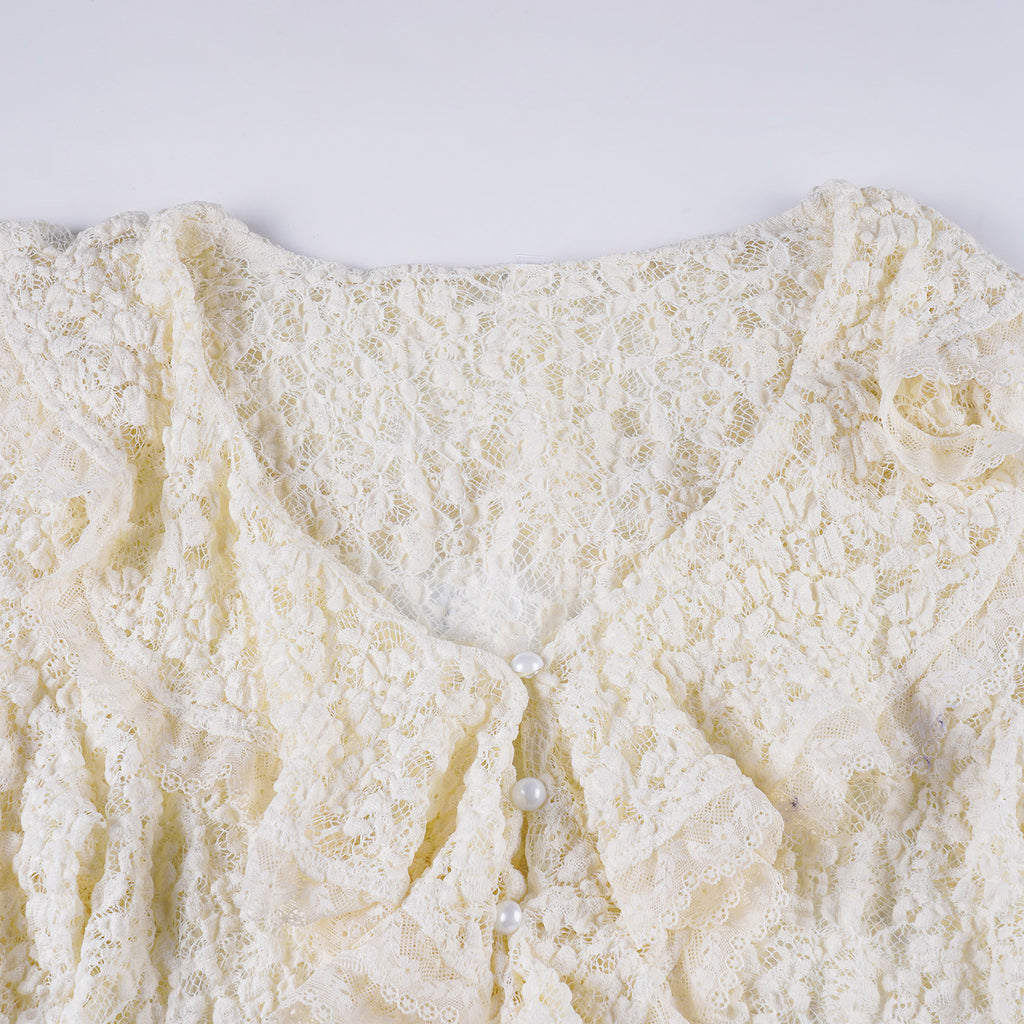 Lace Ruffled V - Neck Crop Cardigan