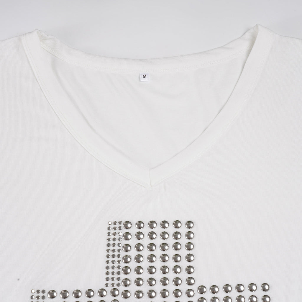 Rivet Cross Asymmetric V - Neck T - Shirt