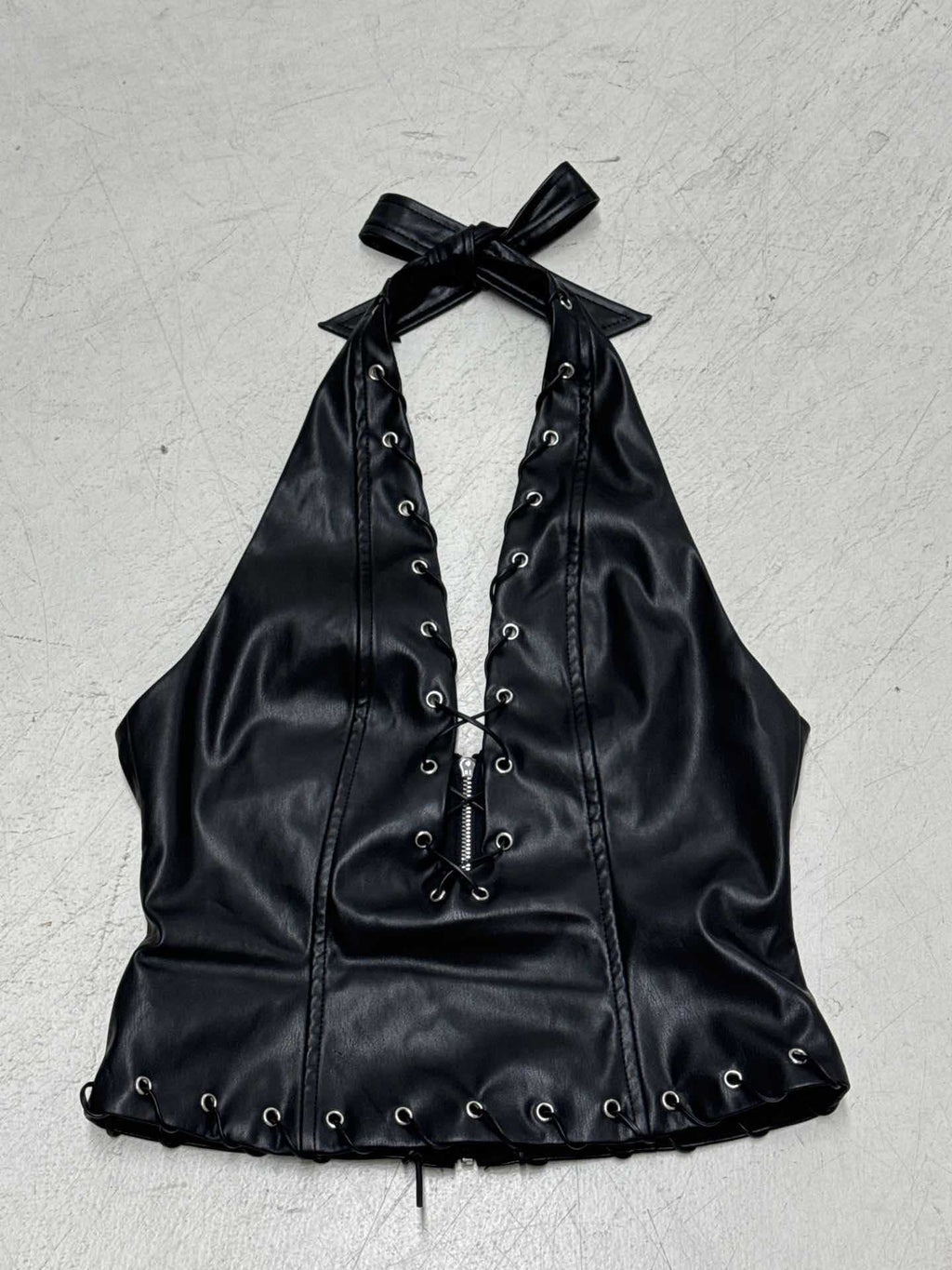 Punk Spice Girl Lace - Up Halter Leather Top