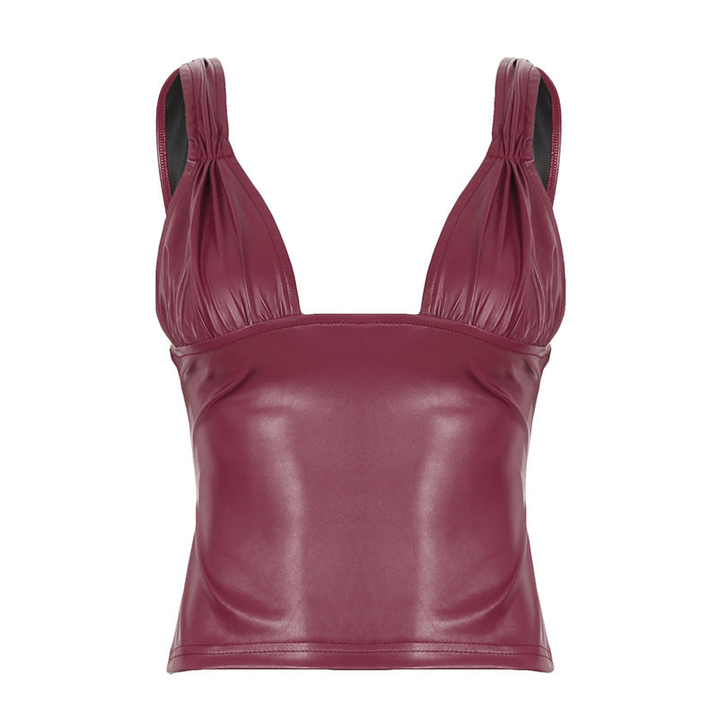 Crimson Pleated Leather Vest