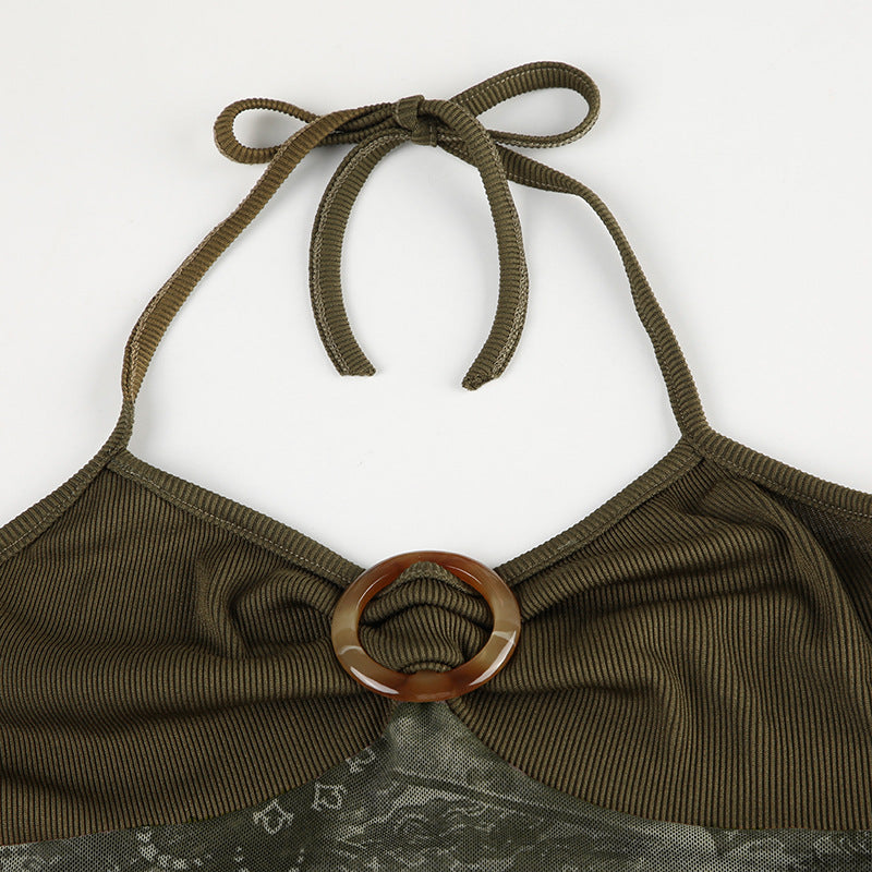 Vintage Halter Neck Printed Paneled Camisole