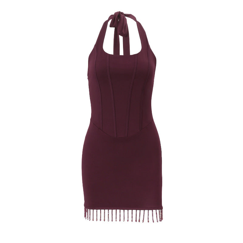 Halter Neck Tie - Up Fringe Bodycon Dress