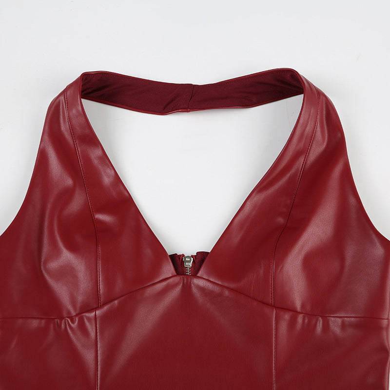 Sexy Leather Halter Deep - V Crop Top
