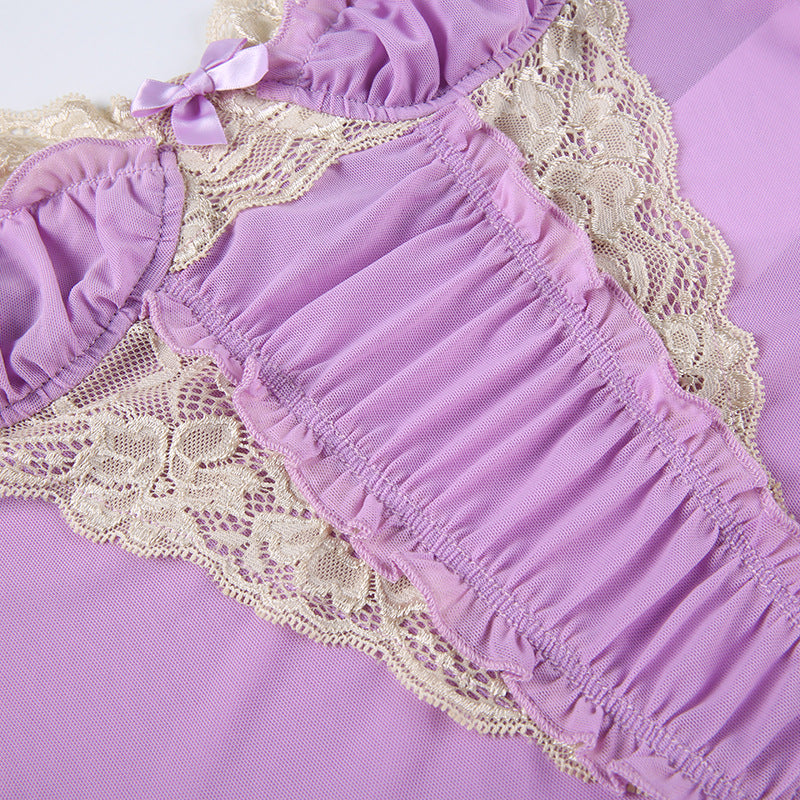 Lace Panel Color-Block Mesh Purple Camisole