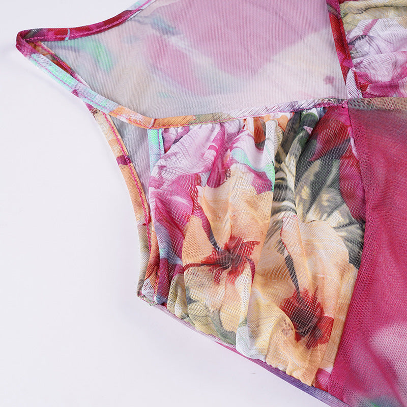 Vacation - style Floral Sheer Tie - Up Camisole