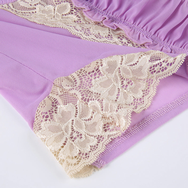 Lace Panel Color-Block Mesh Purple Camisole
