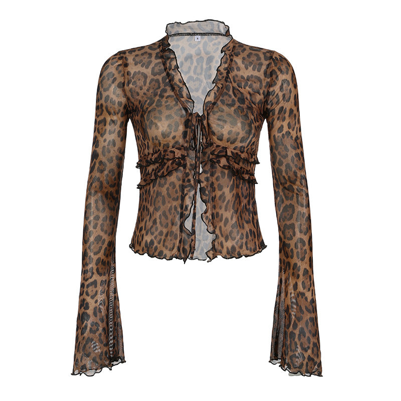 Leopard Print Sheer Ruffle Tie - Front Cardigan
