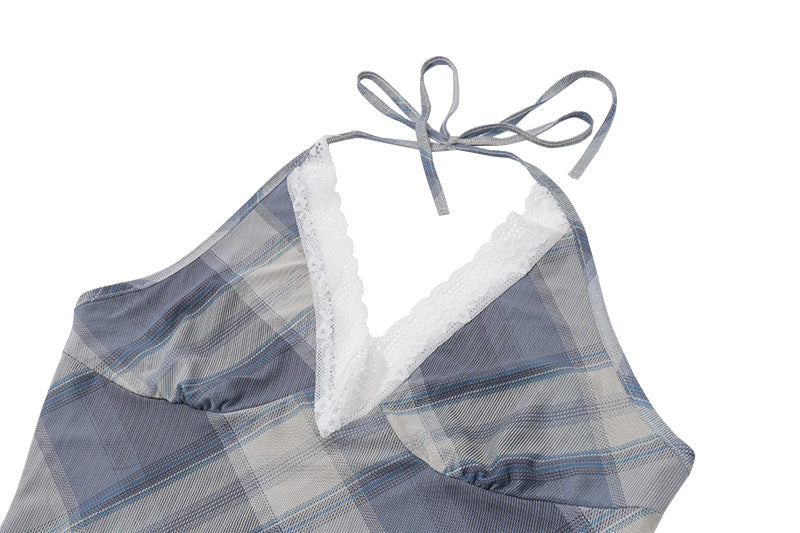 Plaid Lace Halter Maxi Dress