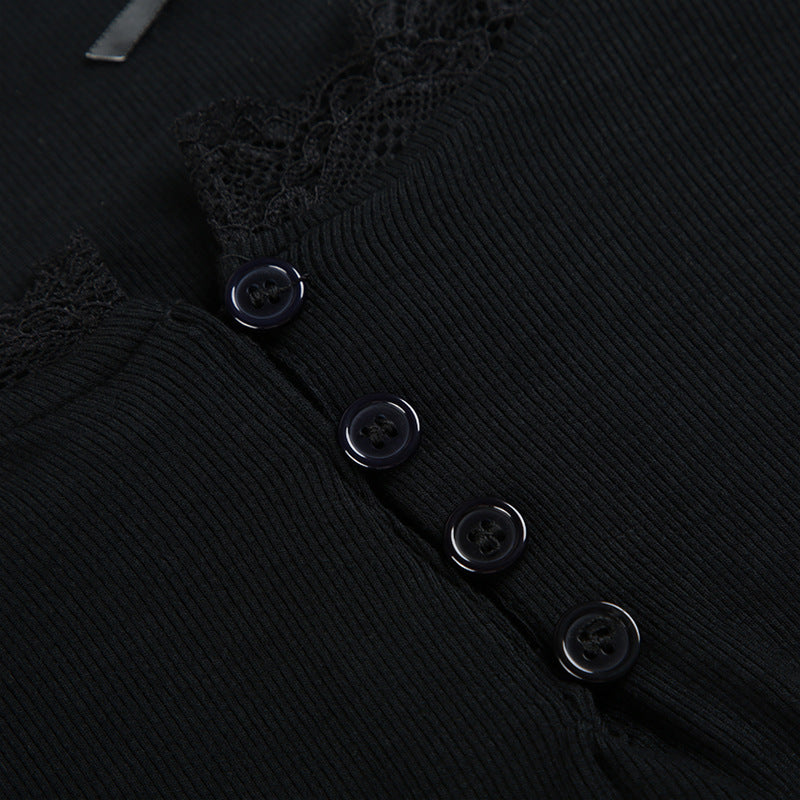 Lace - Paneled Button Square - Neck Fitted Top