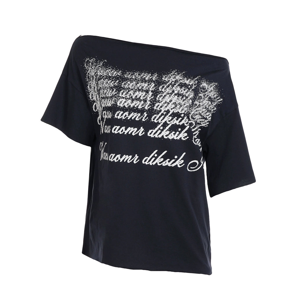 Letter - Printed Irregular Off - Shoulder Short - Sleeve Top