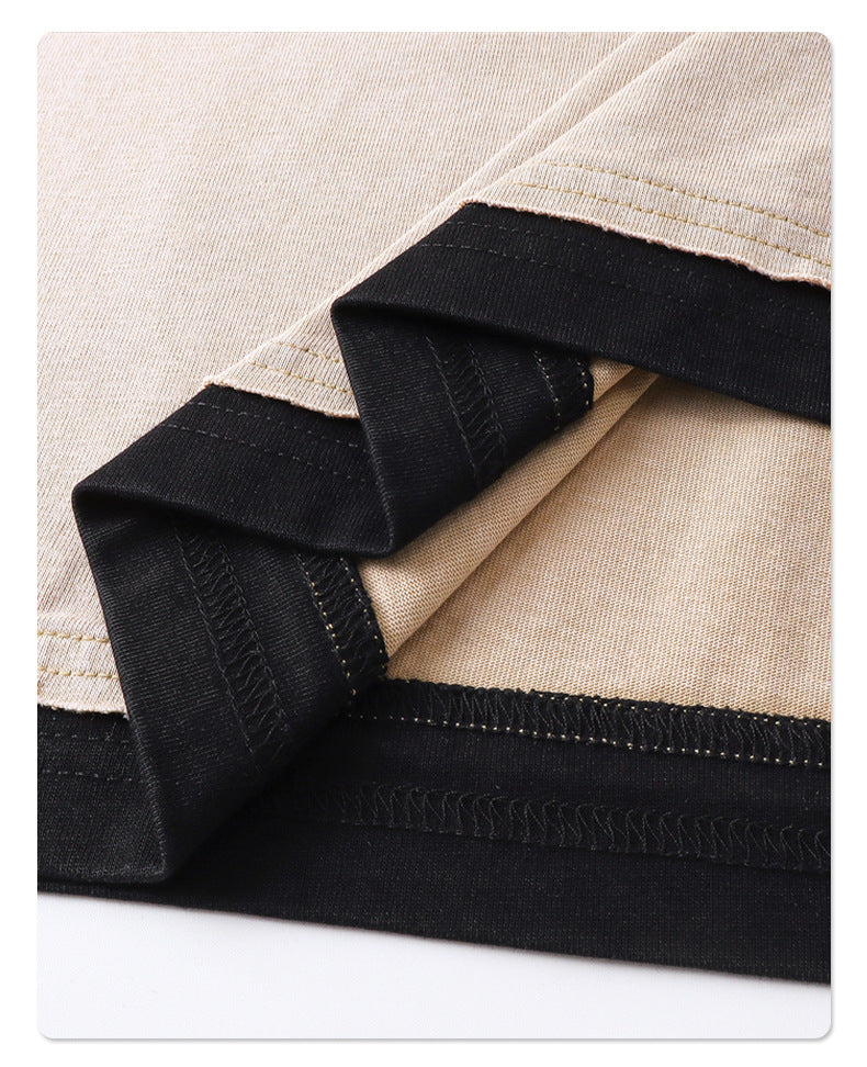 Color-Block Layered Fake Two-Piece Batik Washed Distressed Loose-Fit Cotton T-Shirt