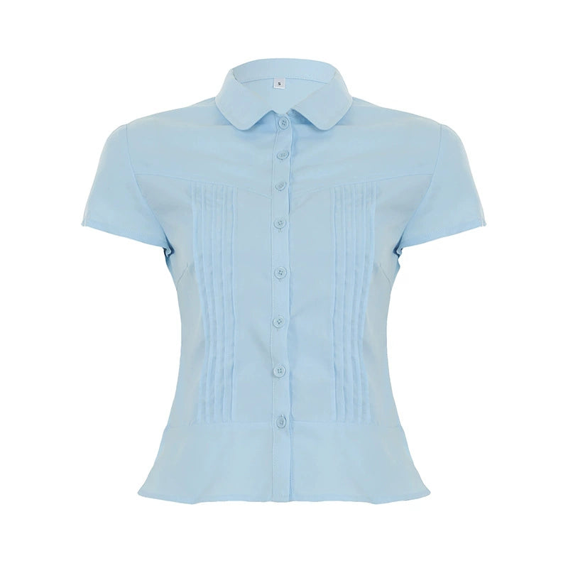 Elegant Collared Ruched White Blouse