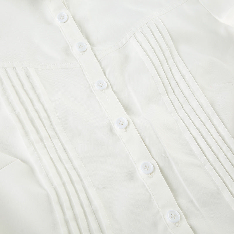 Elegant Collared Ruched White Blouse