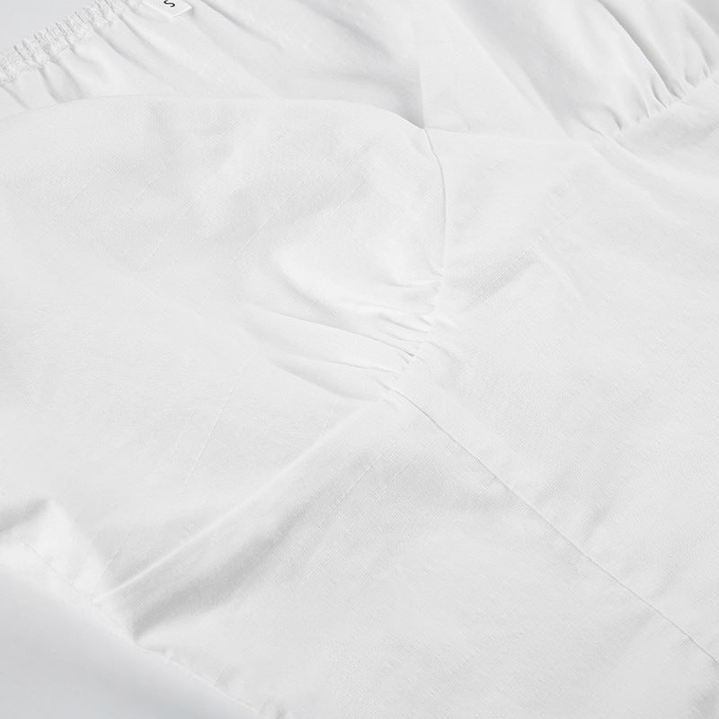 French - Style Deep - V Puff - Sleeve Waist - Cinched Crop Top