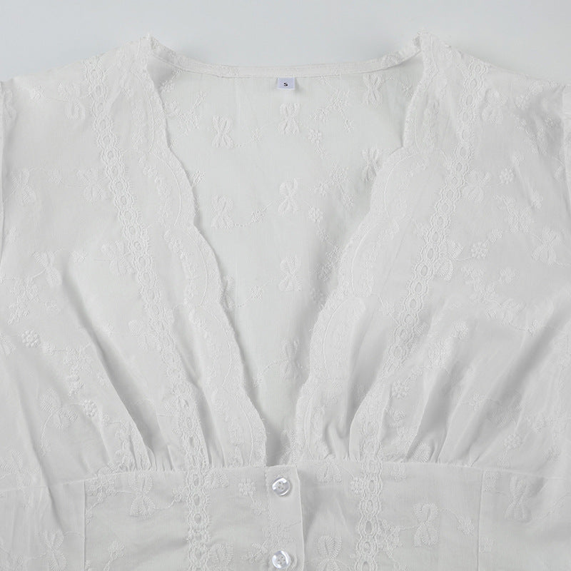 Vintage French Lace - Up Embroidered Blouse