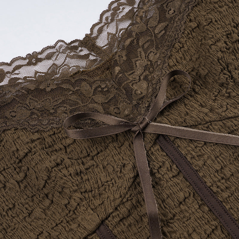 French - style Lace Tie - Waist Ruched Top