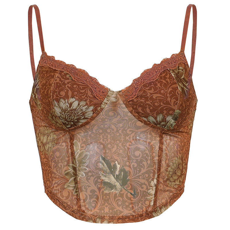 Retro Floral Lace Paneled Camisole Corset
