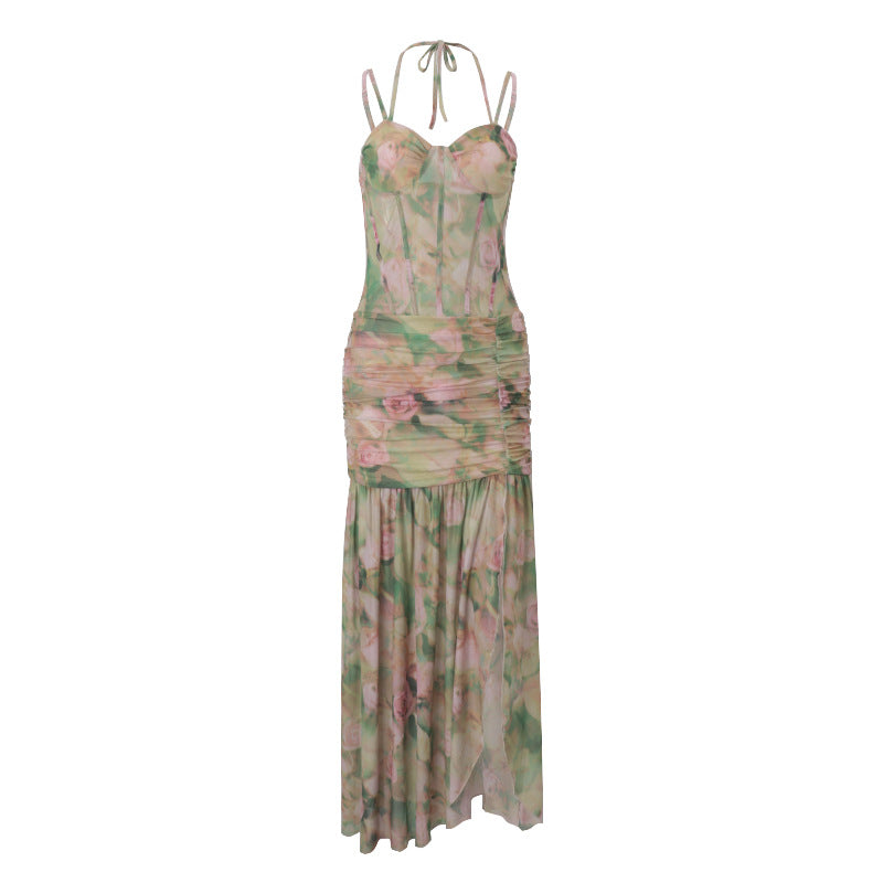 Floral Halter Ruched Maxi Dress