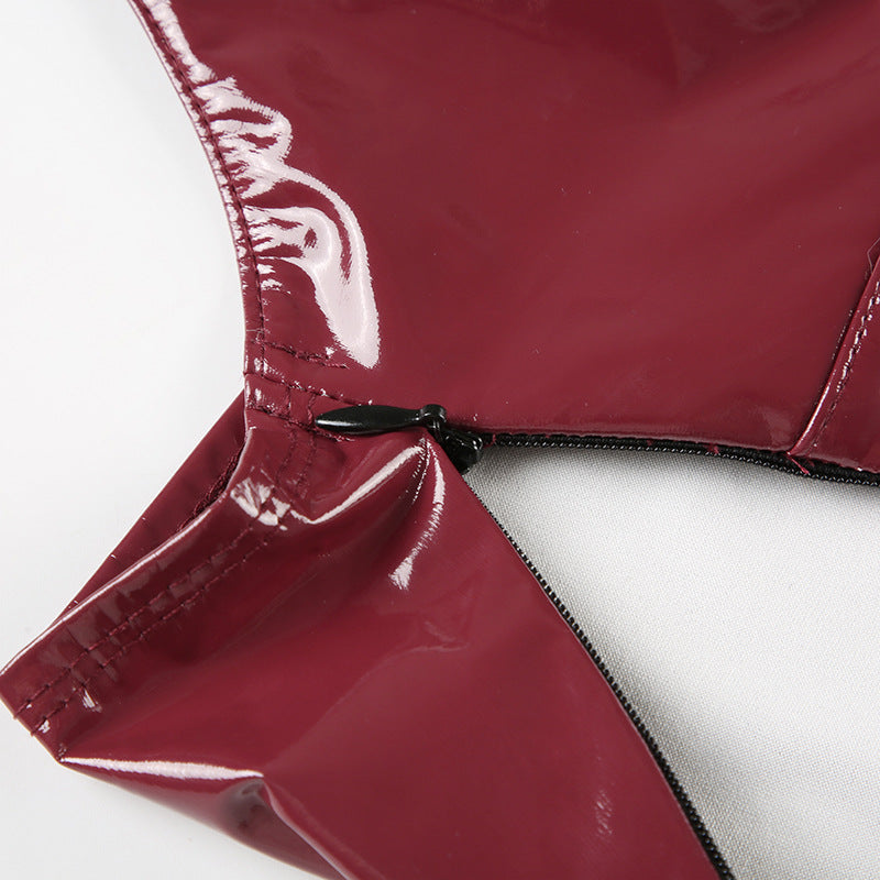 Sexy Patent Leather Metal - Buckle Halter Spice Top