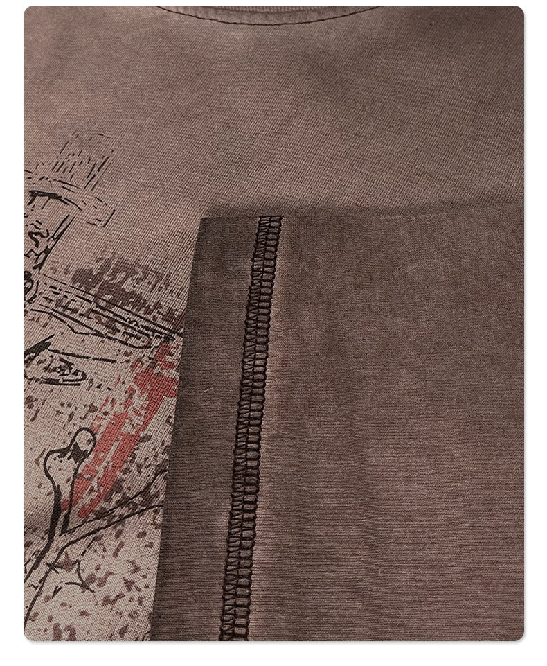 Printed Vintage Batik Faded Round-Neck T-Shirt