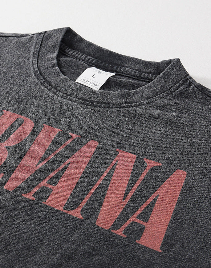 Washed and Distressed Rock Band Print Vintage Short Sleeve T-Shirt