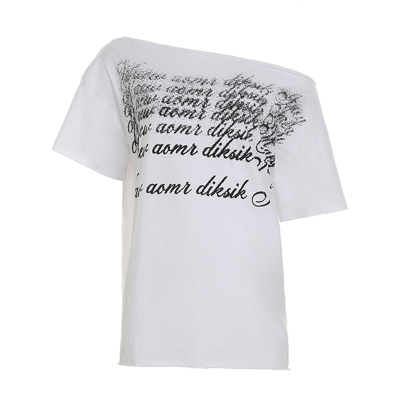 Letter - Printed Irregular Off - Shoulder Short - Sleeve Top