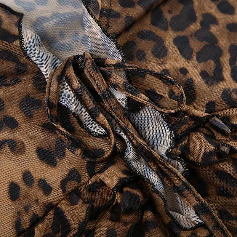 Leopard Print Sheer Ruffle Tie - Front Cardigan