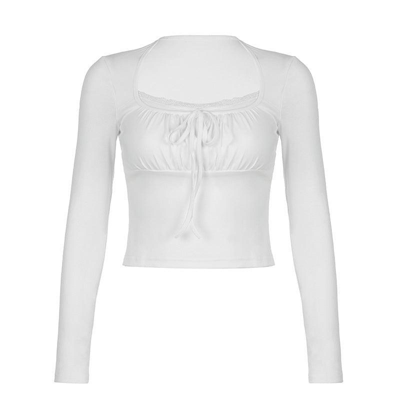 Lace Square - Neck Tie - Up Slim Long - Sleeve Top