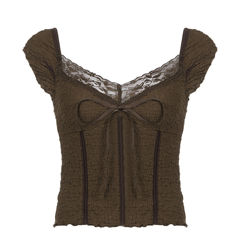 French - style Lace Tie - Waist Ruched Top