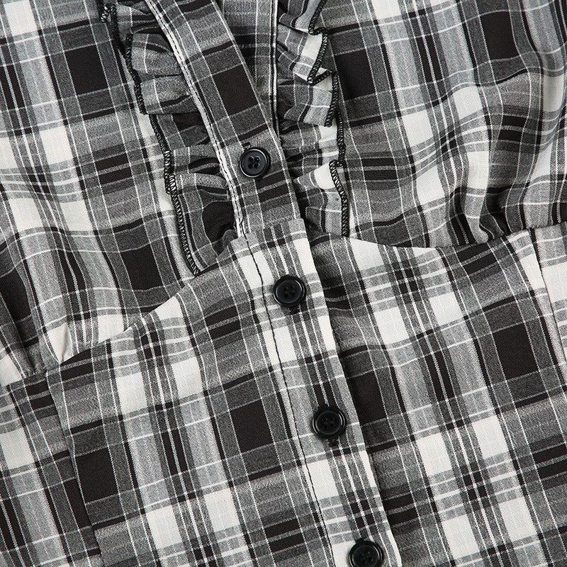 Vintage Plaid Puff - Sleeve Blouse with Ruffles