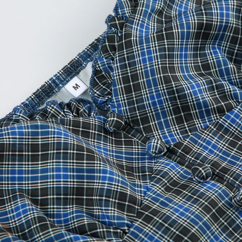 Vintage Plaid Puff - Sleeve Peplum Top