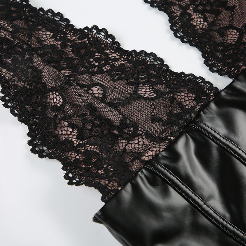 Lace - Leather Paneled Halter Corset Top
