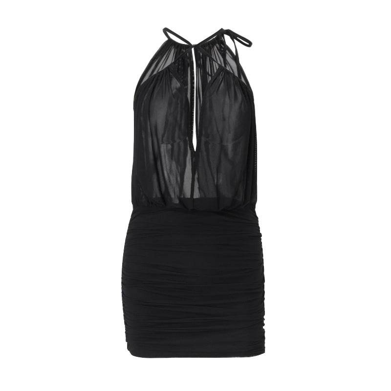 Sheer Halter Neck Ruched Bodycon Dress