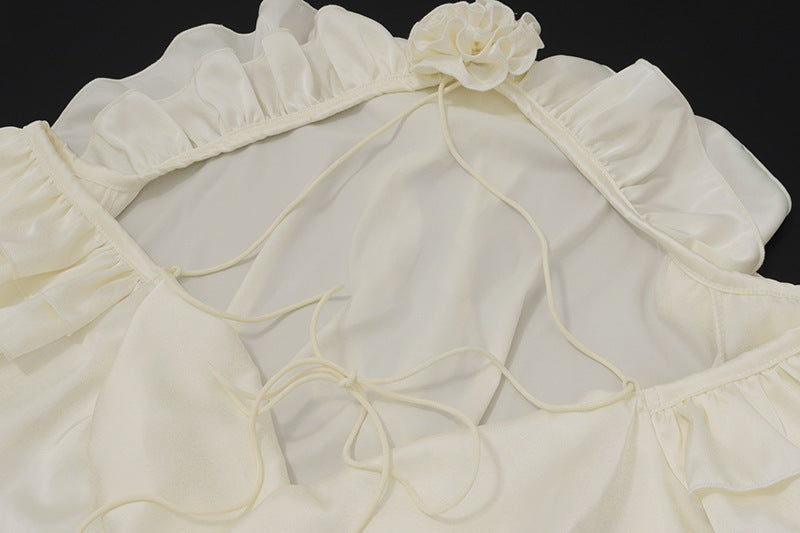 Halter Neck Ruffle Off - Shoulder Satin Top