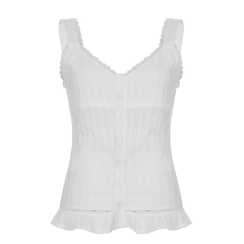 Lace - Trimmed Button - Down White Camisole Top