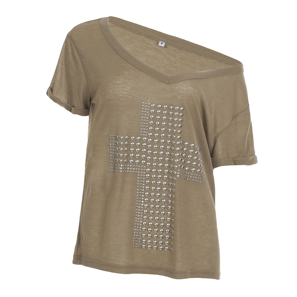 Rivet Cross Asymmetric V - Neck T - Shirt