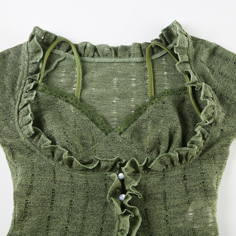 Vintage Ruffle - Trimmed Knit Crop Cardigan