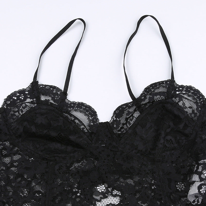 Dark - Tone Lace - Paneled Halter Corset Top