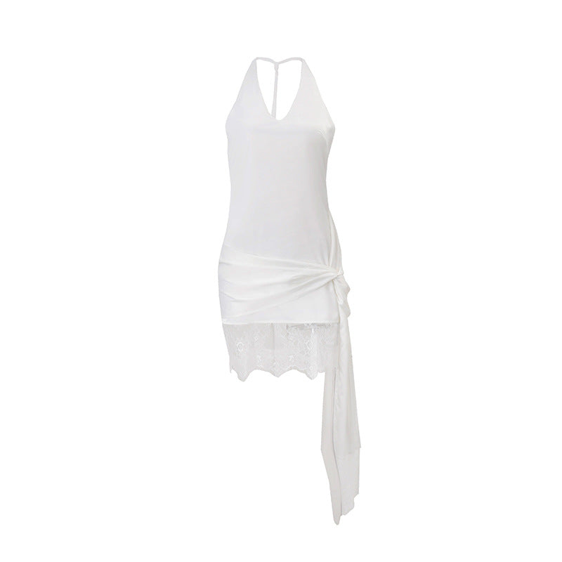 Halter Neck Lace - Trimmed Asymmetric Dress