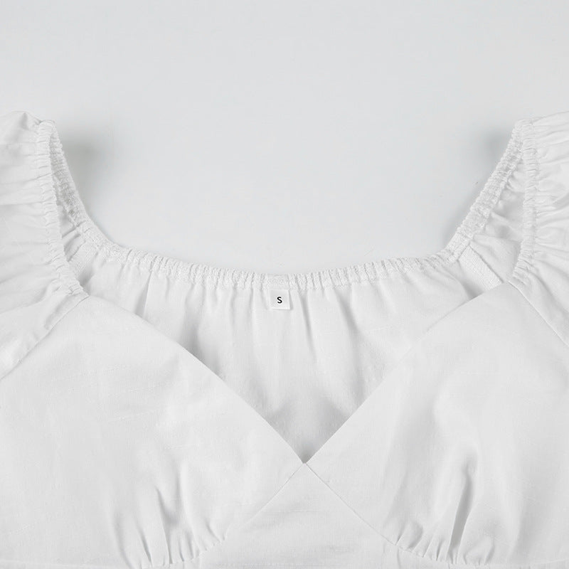 French - Style Deep - V Puff - Sleeve Waist - Cinched Crop Top