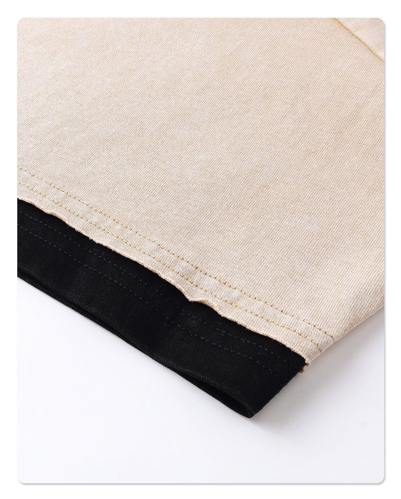 Color-Block Layered Fake Two-Piece Batik Washed Distressed Loose-Fit Cotton T-Shirt