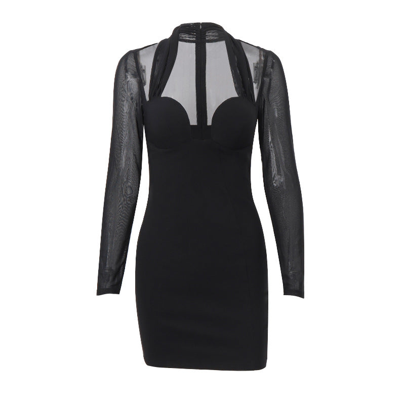 Mesh - Panel Halter Bodycon Dress