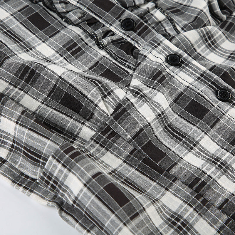 Vintage Plaid Puff - Sleeve Blouse with Ruffles