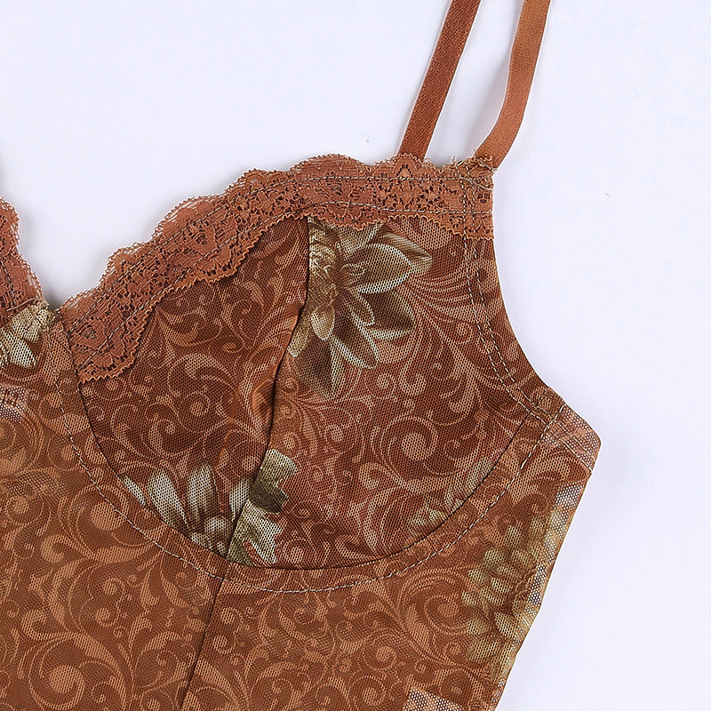 Retro Floral Lace Paneled Camisole Corset