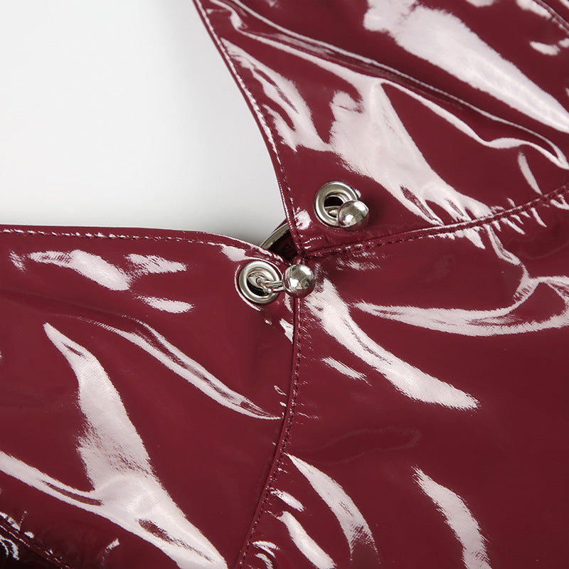 Sexy Patent Leather Metal - Buckle Halter Spice Top